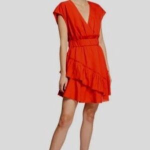 IRO “Billow” Red Ruffle Mini Dress Size 36 (US 4) Linen Blend V Neck Tiered